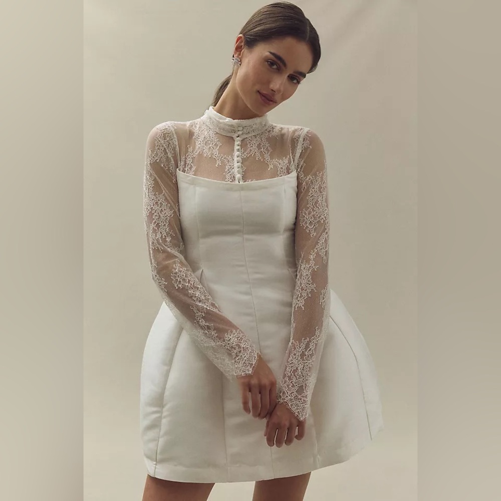 NWT! BHLDN Long-Sleeve High-Neck Lace Fit & Flare Mini Dress in Ivory - 4